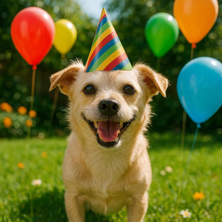 Cute dog in birthday party hat with colorful balloons on green grassの写真素材