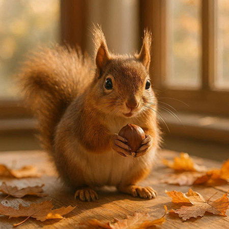 Red squirrel with hazelnut in autumn leaves on the windowsill