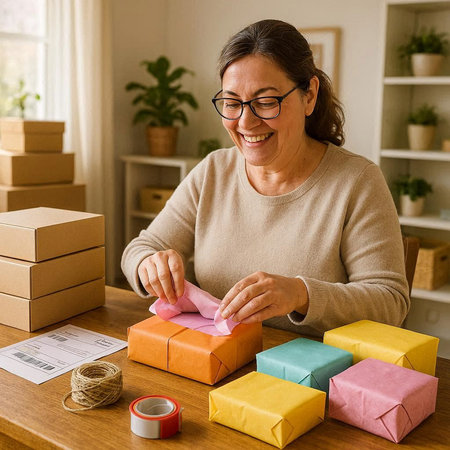 Smiling mature woman packing a gift box for a customer at home