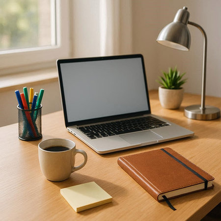 Workplace with laptop, coffee cup and stationery on wooden table