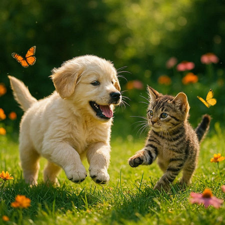 Golden retriever puppy and tabby kitten playing together in the gardenの写真素材