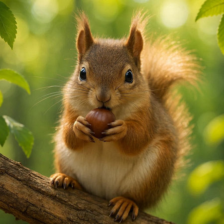 Eurasian red squirrel (Sciurus vulgaris) eating hazelnut.