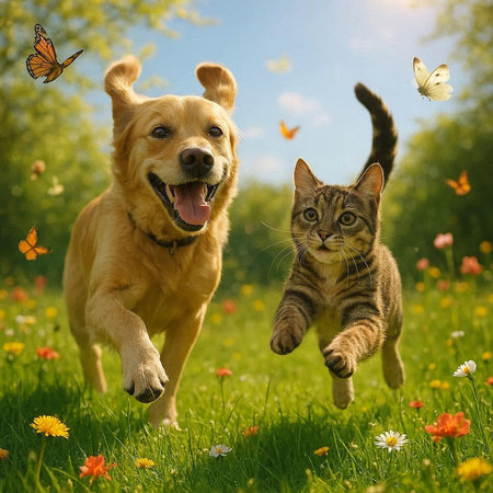 Cat and dog playing together in a meadow with flowers on a sunny day