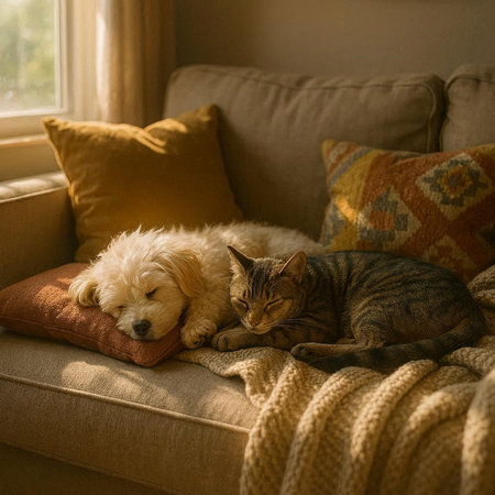 Cat and dog sleeping on sofa in living room. Cozy home.
