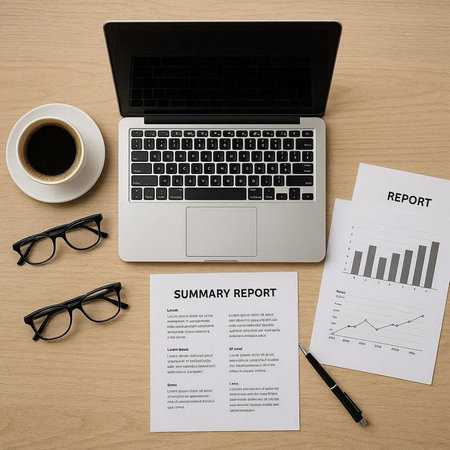 Laptop with financial report and coffee on wooden table, top view