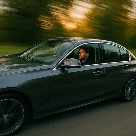 Young man driving a car on the road in motion blur. Side view.