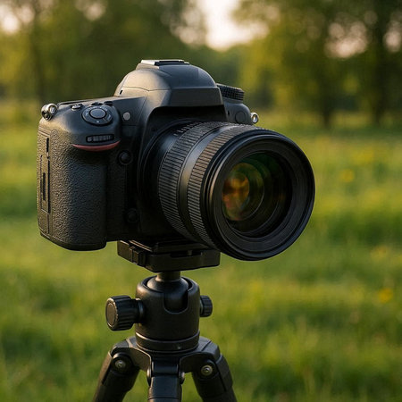 Professional camera on a tripod against the background of a green meadow