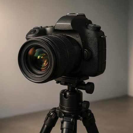Professional camera on a tripod on a gray background. Close-up.