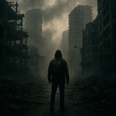 Man in the middle of the ruins of a building