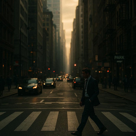 Businessman crossing the street at rush hour in New York City.