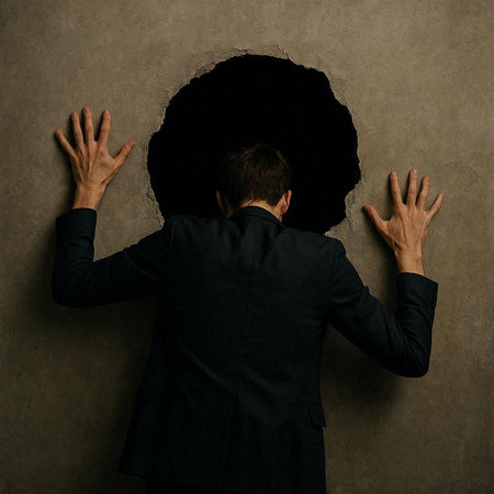Young man in a black suit hiding behind a hole in the wall
