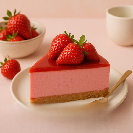 Strawberry cheesecake with fresh strawberries on a pink background.の写真素材