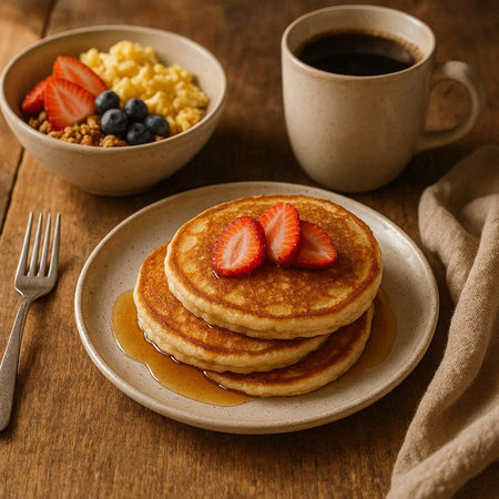 Pancakes with honey and berries on a wooden background, selective focus.