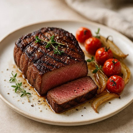 Grilled Tenderloin Steak with Cherry Tomatoes and thymeの写真素材