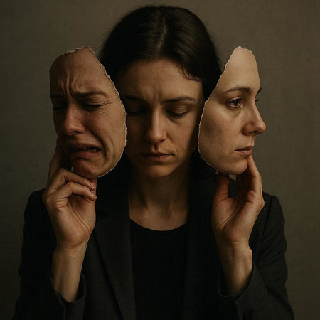 Portrait of a woman and a man with different emotions on a dark background