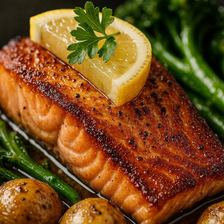 Salmon Steak with Potatoes and Green Beans. Selective focus.