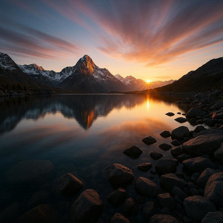 Mountain lake at sunset. Beautiful natural landscape with mountains in the background.