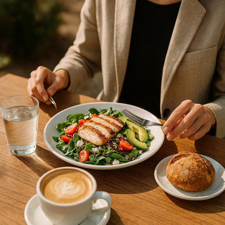 cropped view of woman eating salad at table in cafe, closeup