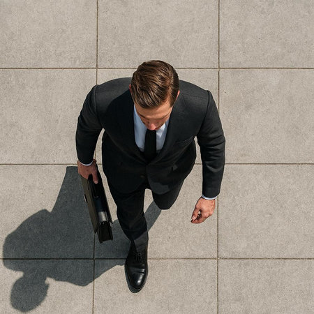 Top view of a young businessman walking with a briefcase in his handの写真素材