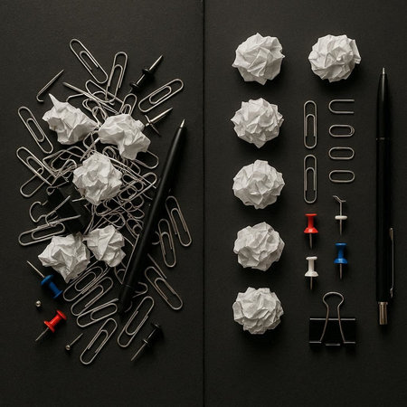 Crumpled paper balls and office supplies on a black background.