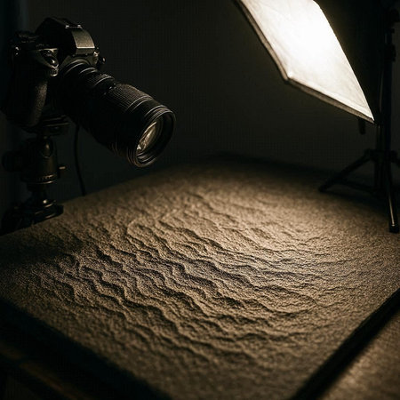 Photography equipment on a dark background. Photo studio equipment. Light from the lamp.