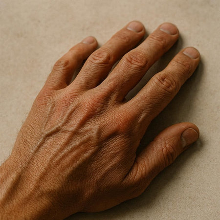 Close up of a man's hand on a brown paper background.