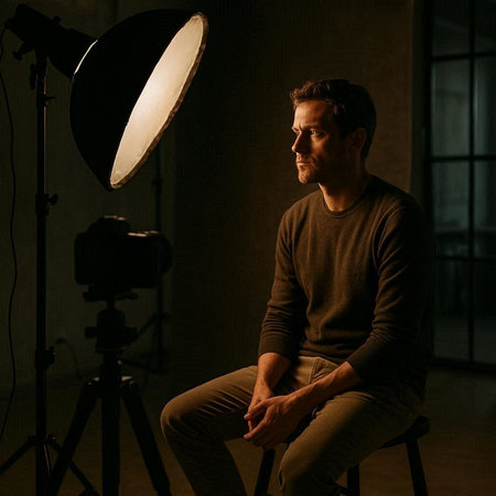 Handsome man sitting on a chair in front of a camera