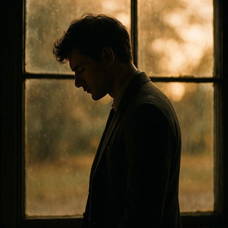 Silhouette of a young man standing near the window at sunset
