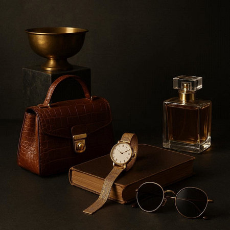 Still life with men's accessories and perfume on a black background.の写真素材
