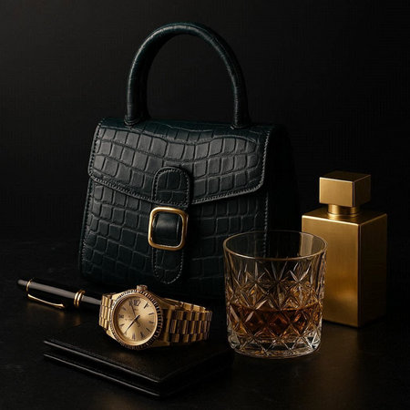 Black leather bag, perfume bottle, watch and cigar on black background