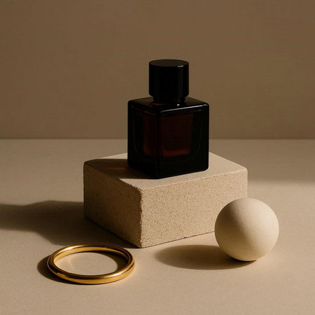 Bottle on a beige background with a golden ringの写真素材