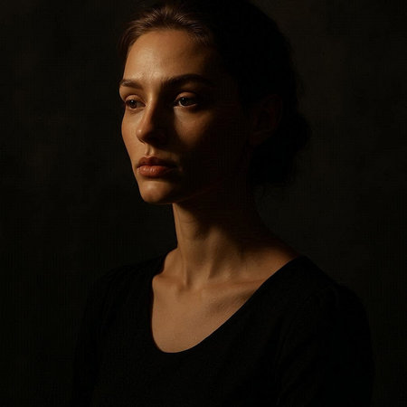 Portrait of a beautiful young woman in a black T-shirt on a dark background