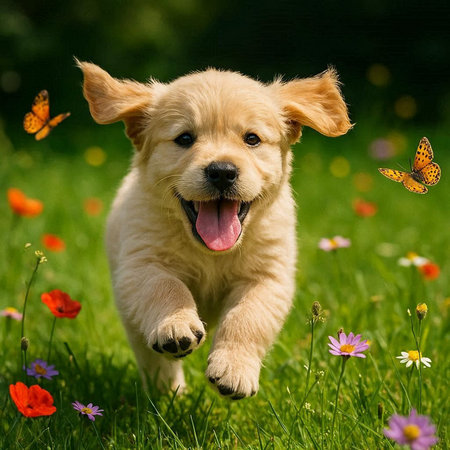 Cute Golden Retriever puppy running in the grass with flowersの写真素材