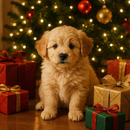 Golden Retriever puppy with gift boxes and Christmas tree on backgroundの写真素材