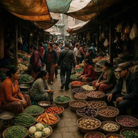 View of Nepali people selling vegetables at the street market in Kathmandu in the morning