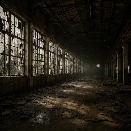 Abandoned industrial interior with old windows and lights. 3d rendering