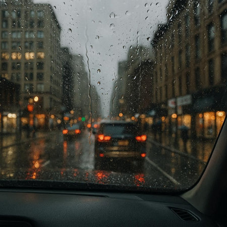 Rain drops on the car windshield. Rainy day in the city.