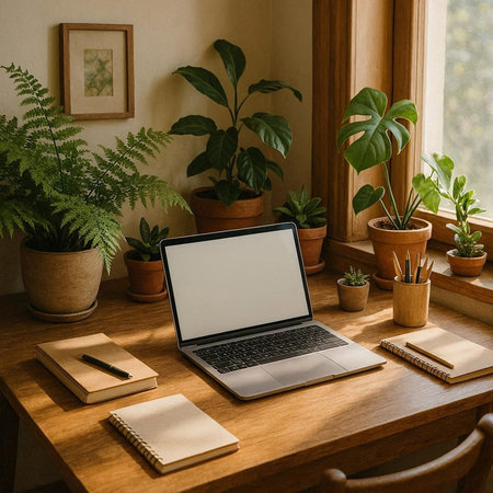 Laptop with blank screen on wooden table in home office. Workplace with laptop and office supplies.の写真素材