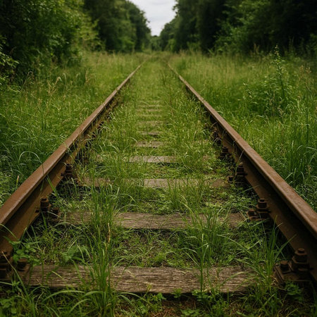 Railway tracks in the green field. Railway in the forest.