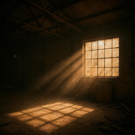 Abandoned industrial interior with a window and rays of light.