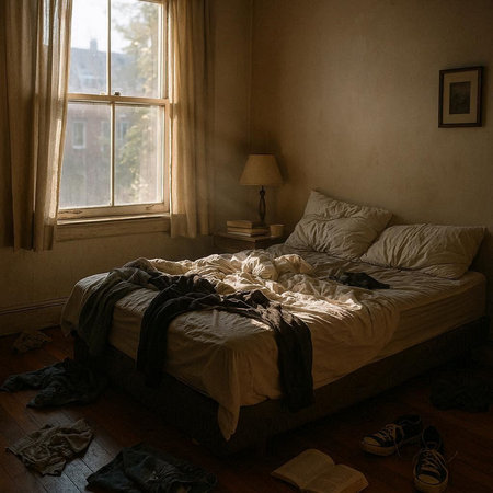 Interior of a room with a large bed, a window and a bookの写真素材