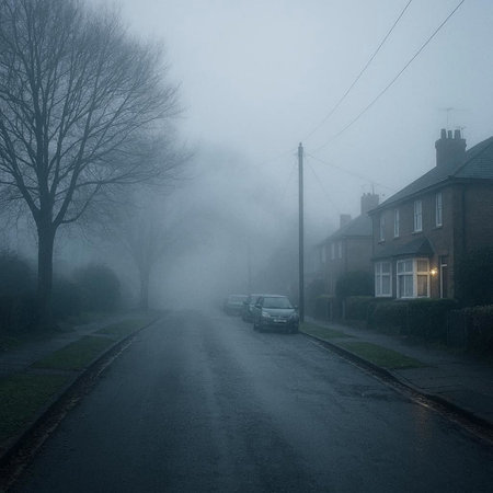 A view of a foggy street in the English countryside in the morning.