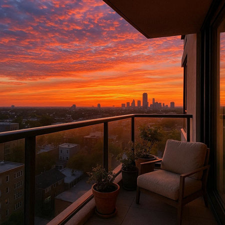 Sunset on the balcony of a modern apartment in the city.の写真素材