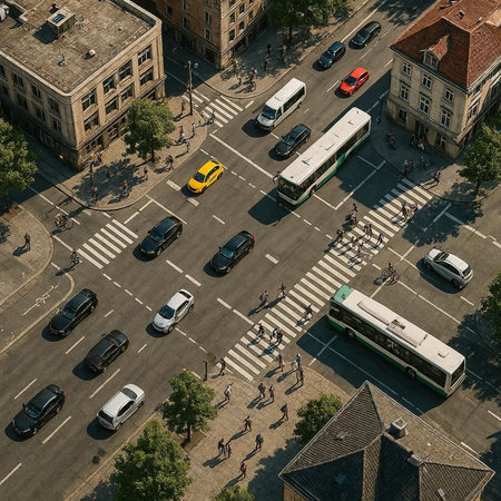 Aerial view of the city street with crosswalk and cars.