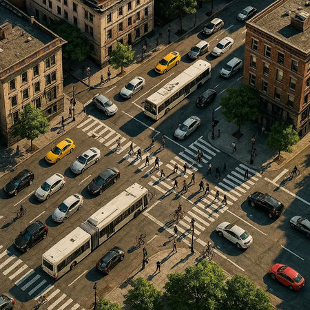 Aerial view of people walking on crosswalk in New York City