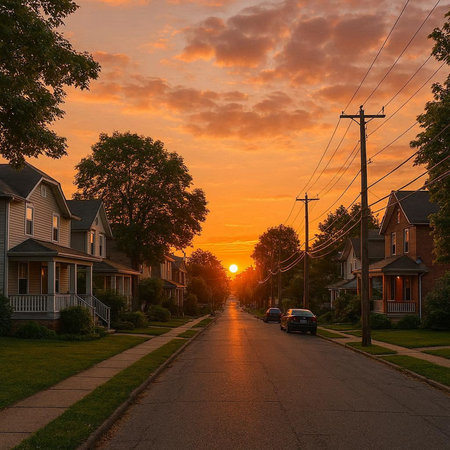 Sunset in a suburban neighborhood in the United States of America.の写真素材
