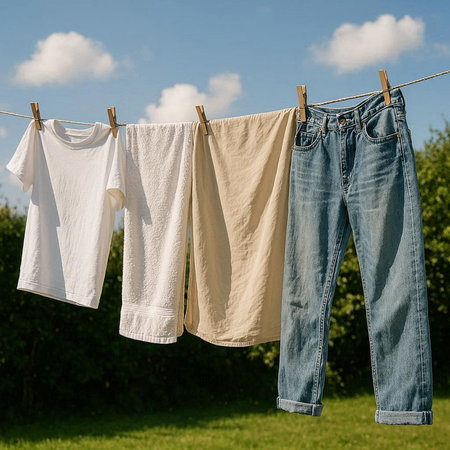 Washing and drying clothes on a clothesline in the garden.