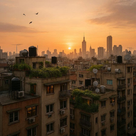 Aerial view of skyscrapers at sunset