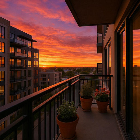Sunset on a balcony with a view of the city of Denver, Colorado.の写真素材
