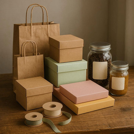 Gift boxes and paper bags on a wooden table. Shopping concept.
